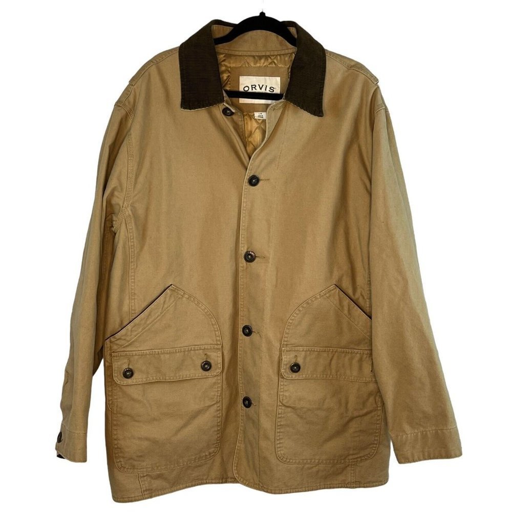 ORVIS Barn Chore Coat Mens L Brown Tan Quilt Lined Corduroy Collar Hunting